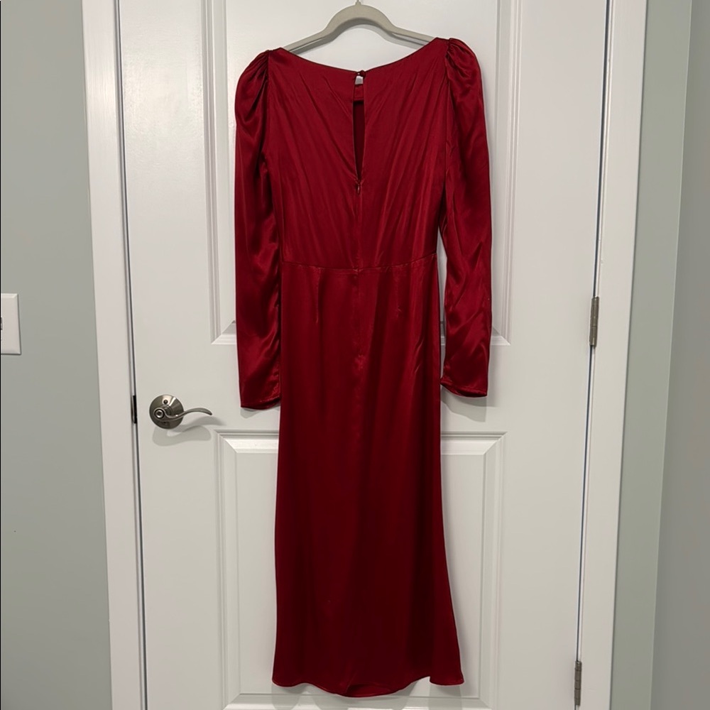 Reformation Cameron Gathered Silk-Satin Midi Dress in Crimson Red - Picture 6 of 9